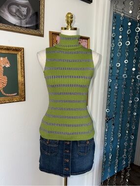 Vintage Y2K Sleeveless Turtleneck Striped Knit Top - Green & Gray